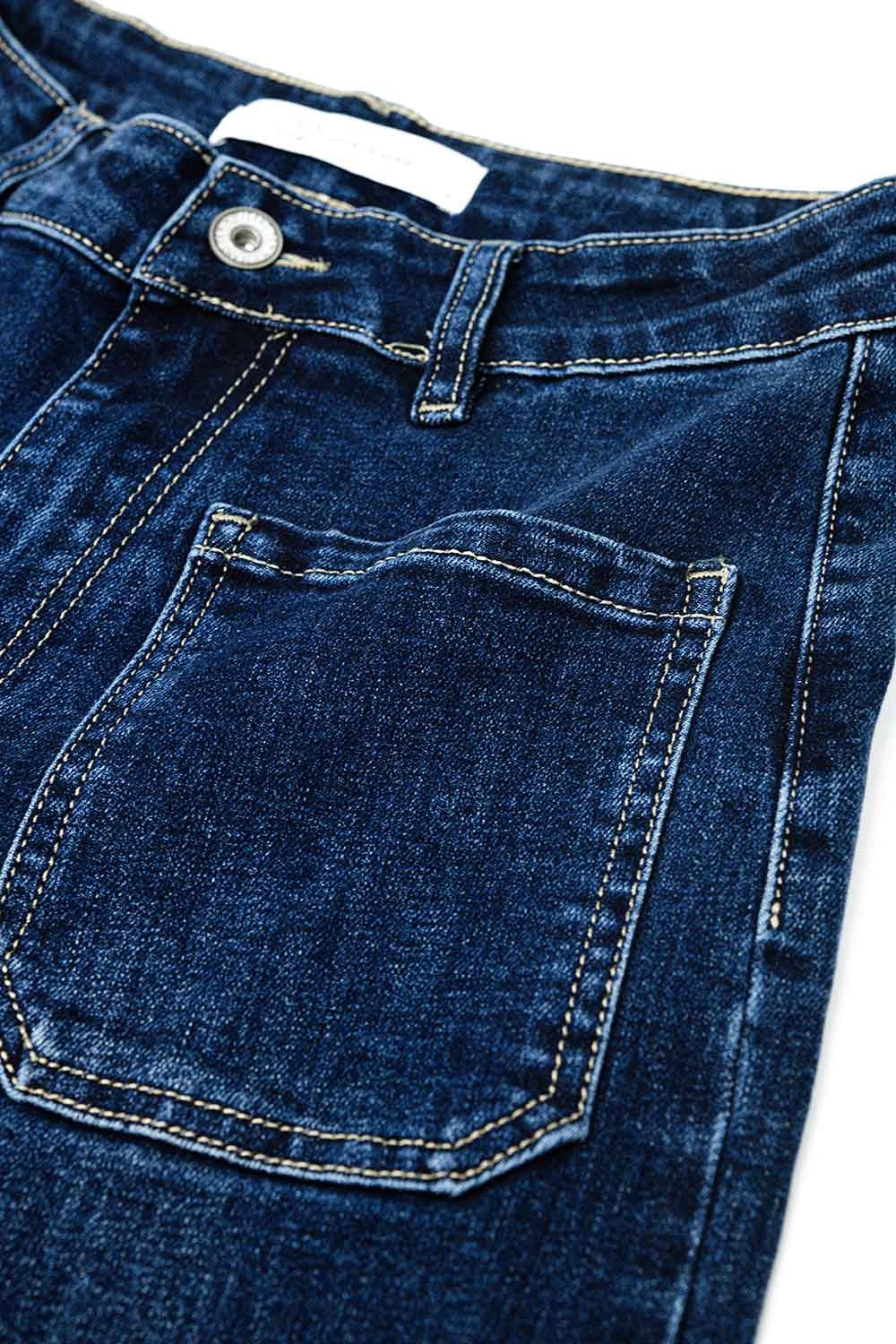 Dark wash jeans with wide leg and pockets