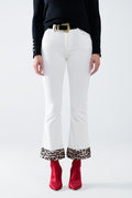 Cream Corduroy flare pants with leopard print at the bottom