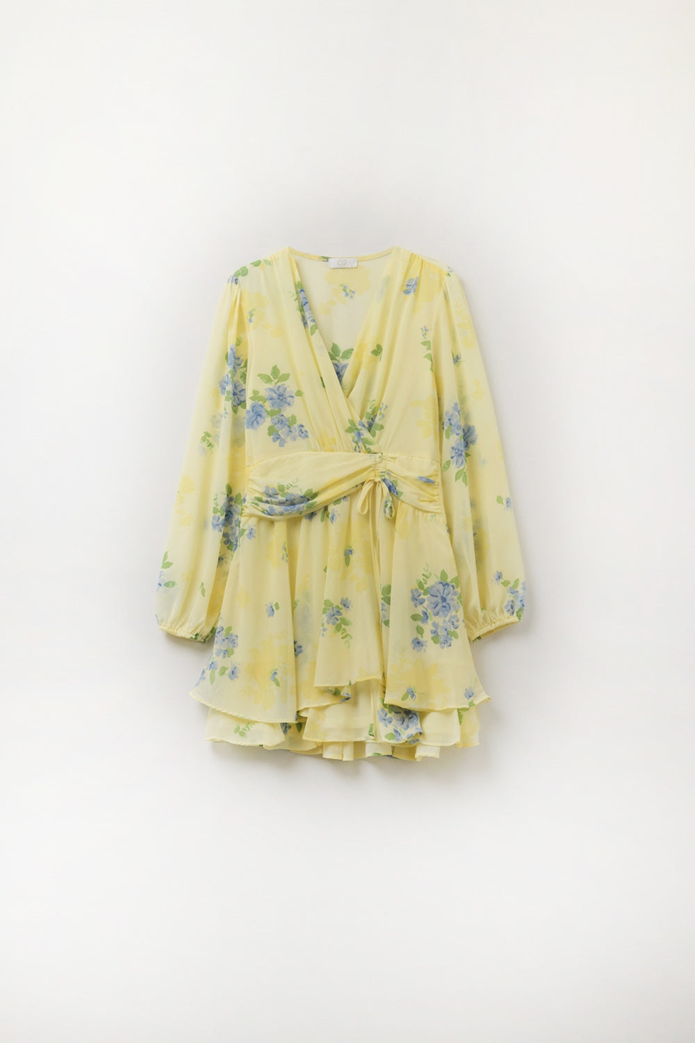 Butter yellow spring  mini dress with ruched design