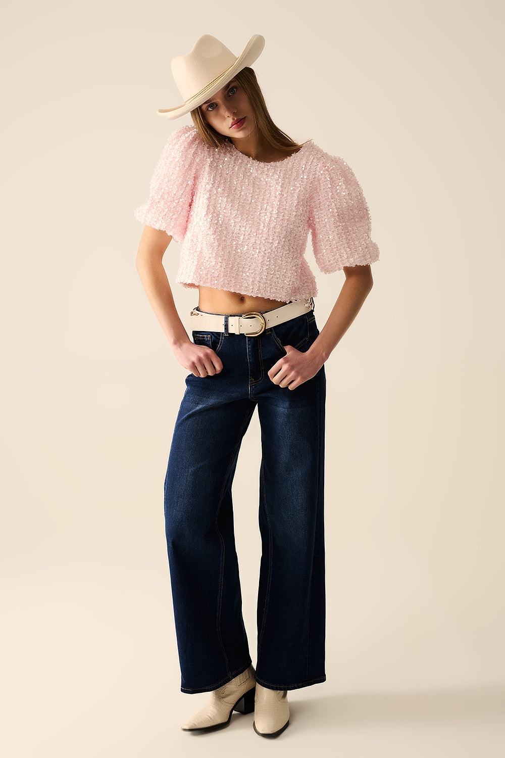 Pink top with sequin detail and balloon sleeves