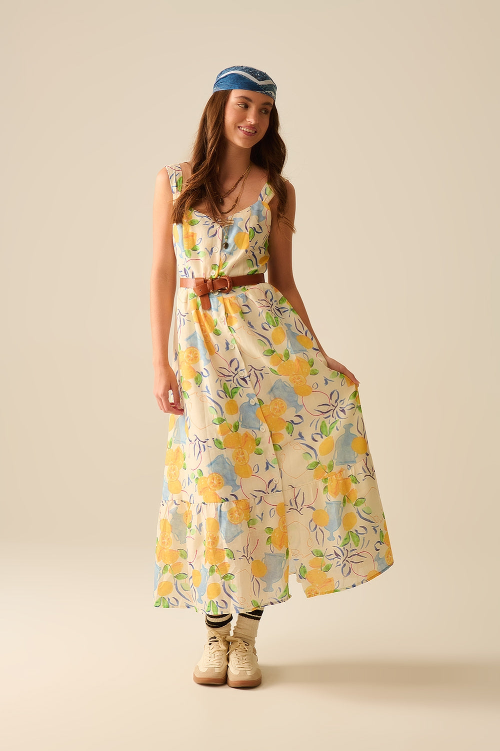 white maxi strapless dress with lemon print