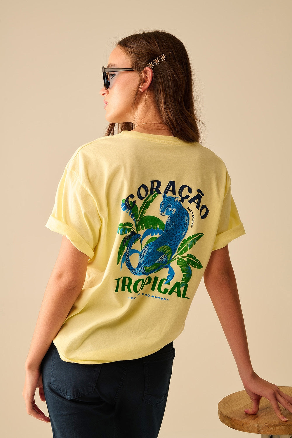 Yellow  t-shirt made in Italy with tropical graphic print