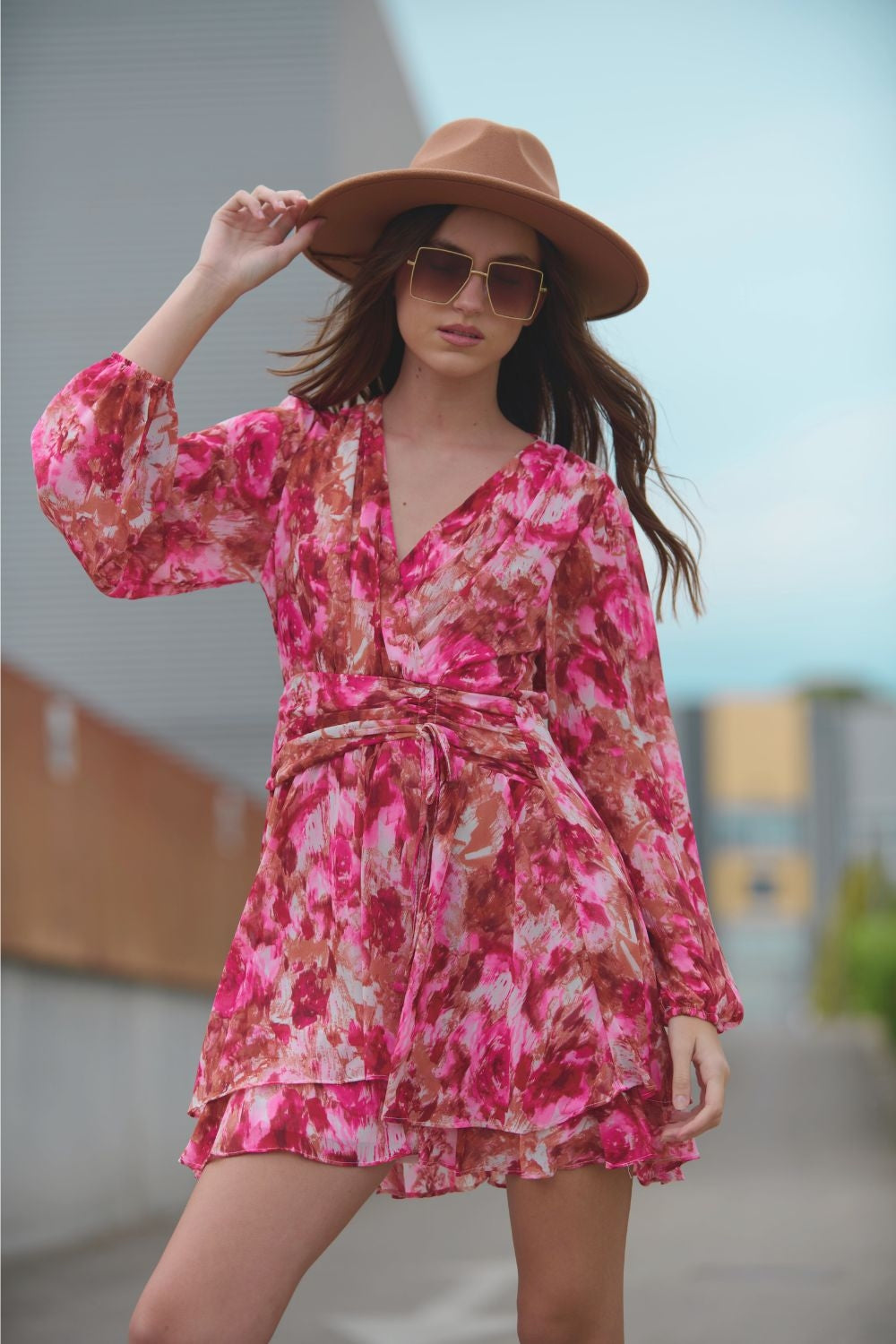 Abstract Print Mini V Neck Dress With Rouche at Waist