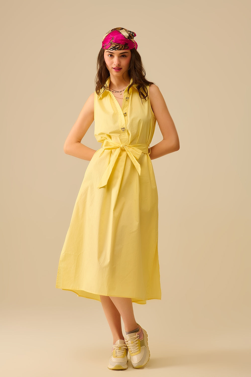 Yellow poplin midi dress with silver heart-shaped buttons