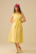 Yellow poplin midi dress with silver heart-shaped buttons