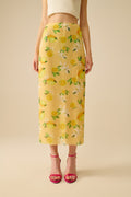 Yellow Fitted midi skirt with lemon print in mesh fabric
