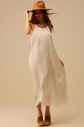 White Pleated Halter long Dress with Beaded Neckline