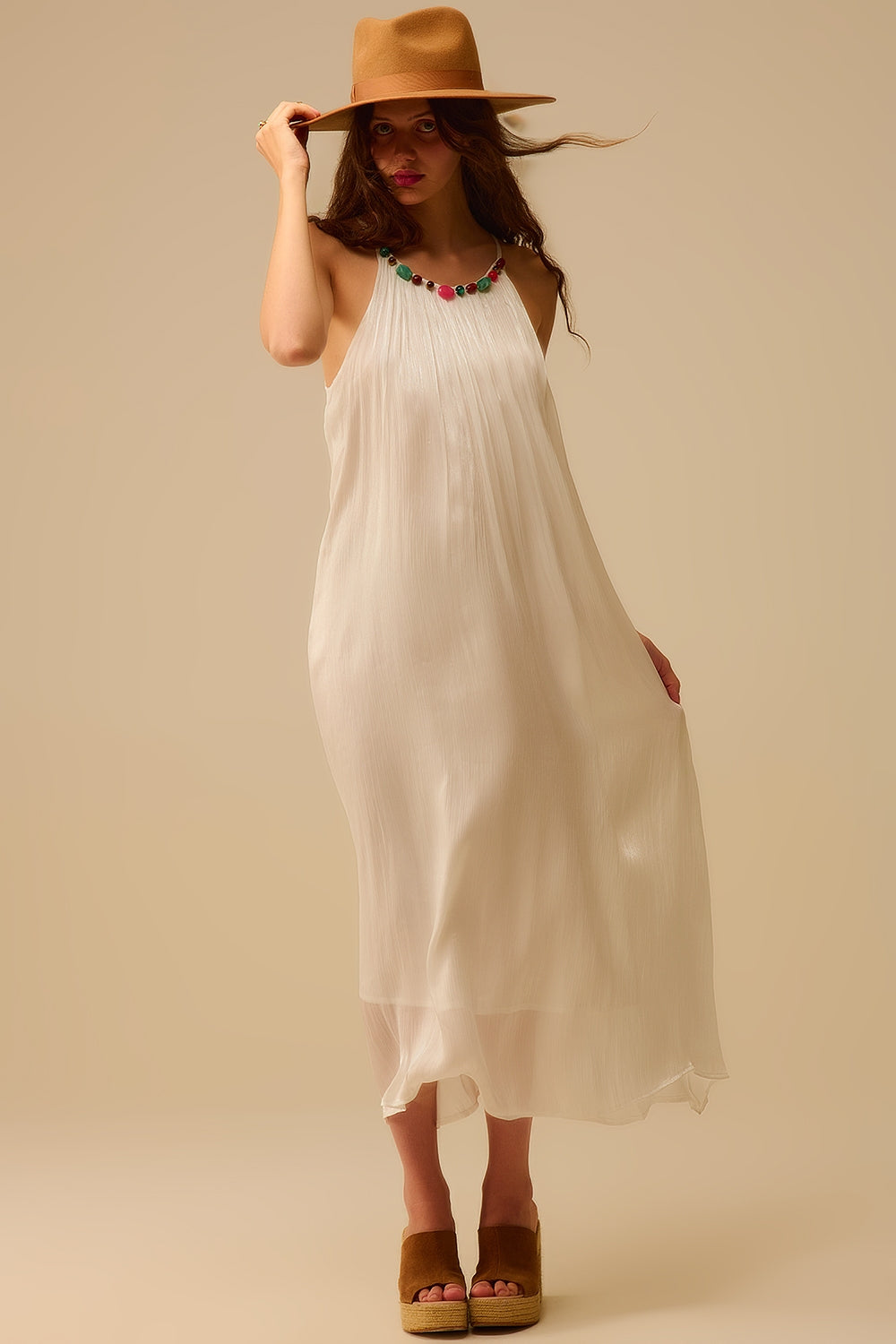 White Pleated Halter long Dress with Beaded Neckline