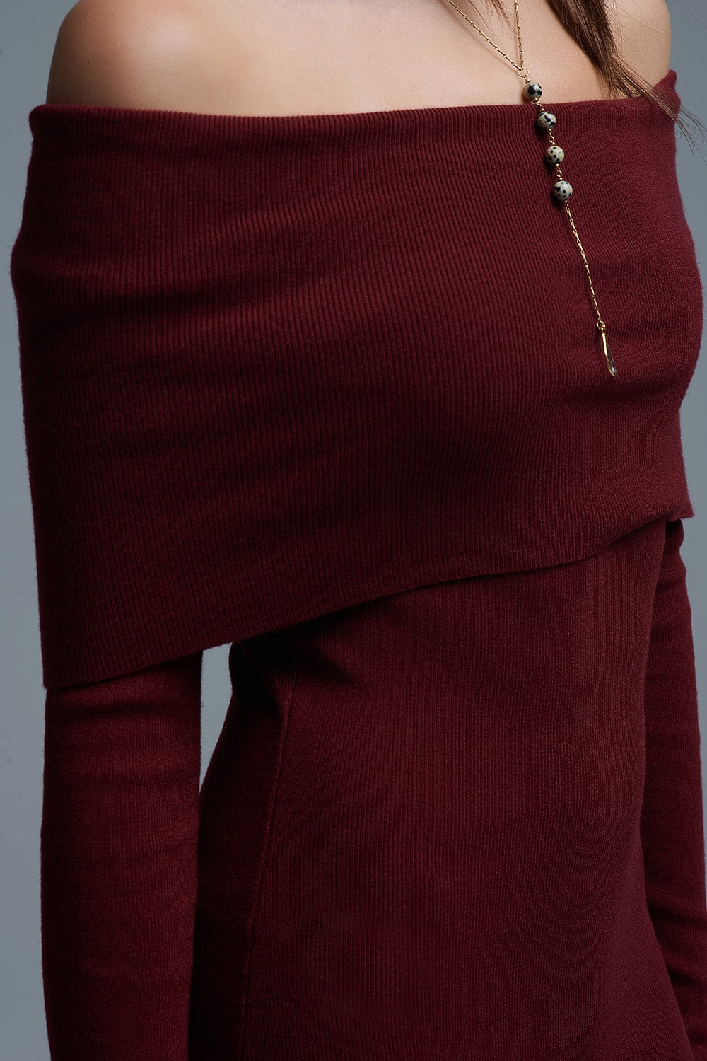 Maxi Knitted wide Bardot Dress in burgundy