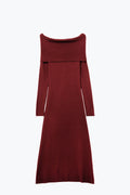 Maxi Knitted wide Bardot Dress in burgundy