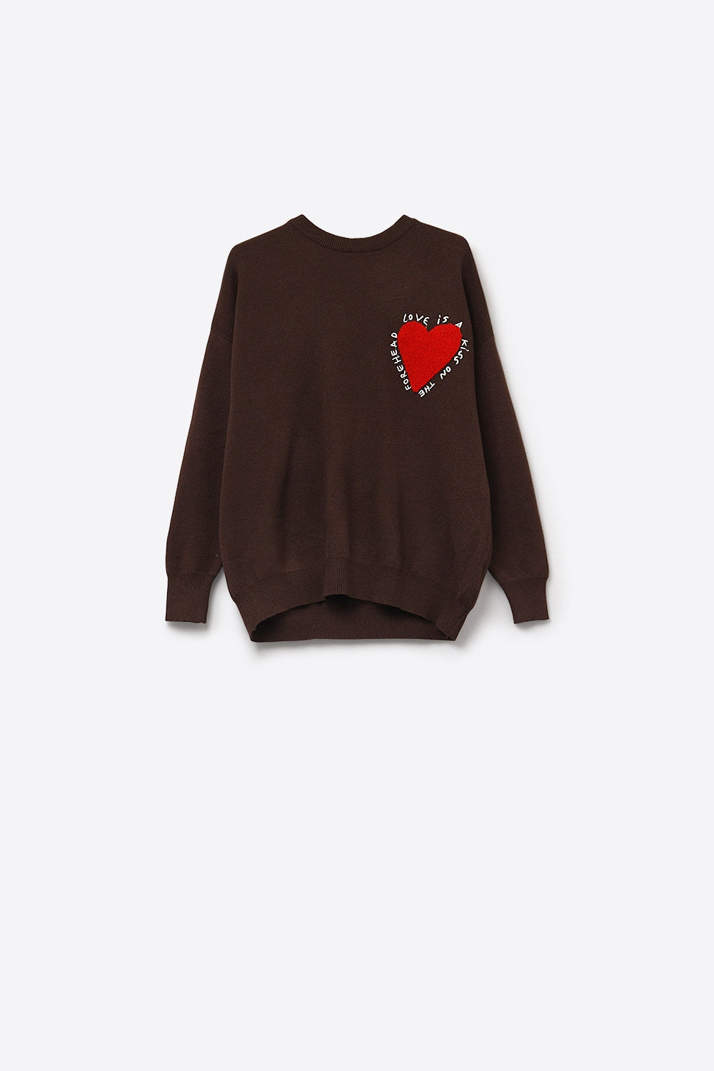 Embroidered Heart knitted Sweatshirt With Text in Brown