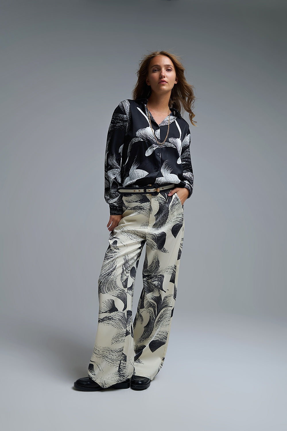 Black Satin blouse in abstract print