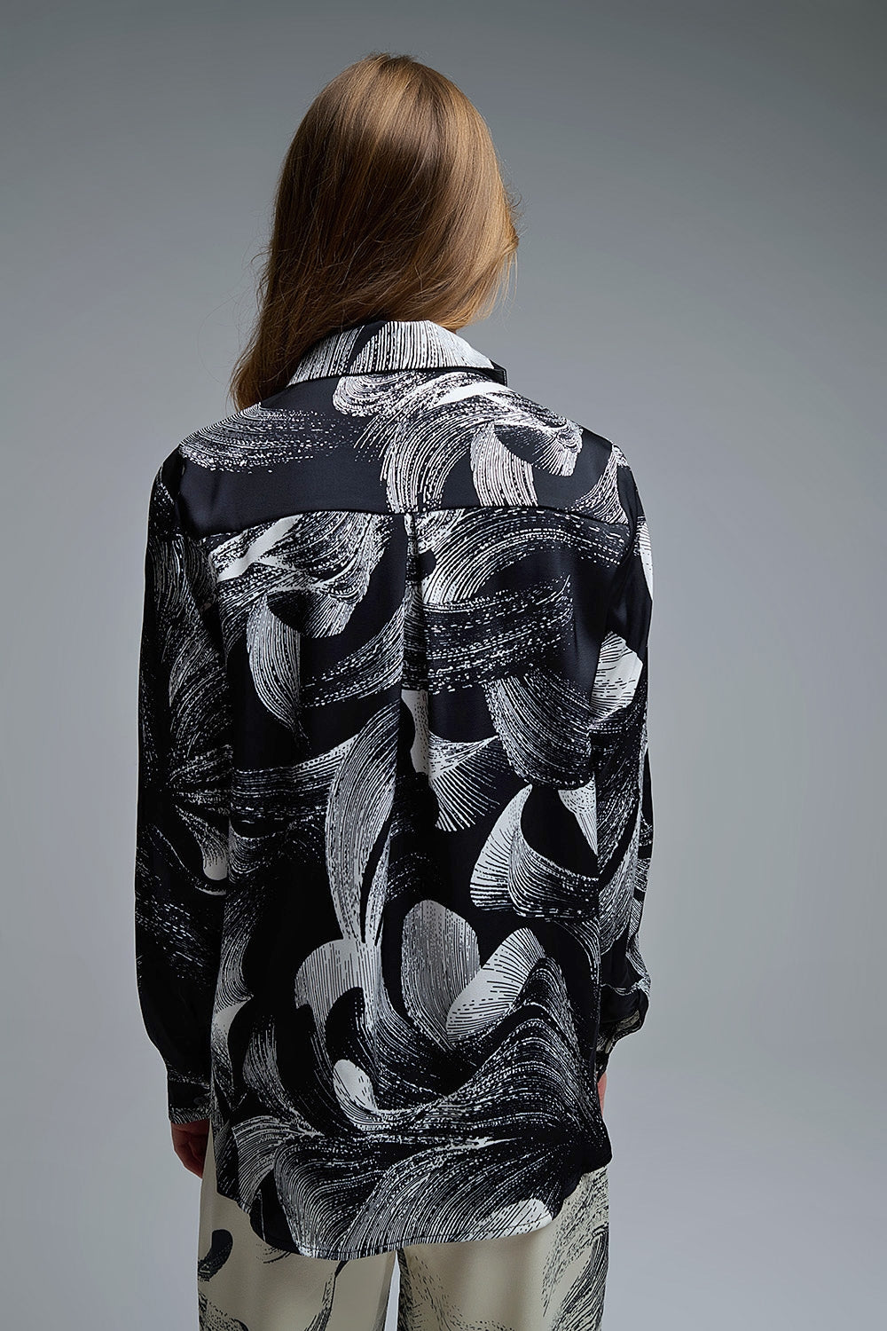 Black Satin blouse in abstract print
