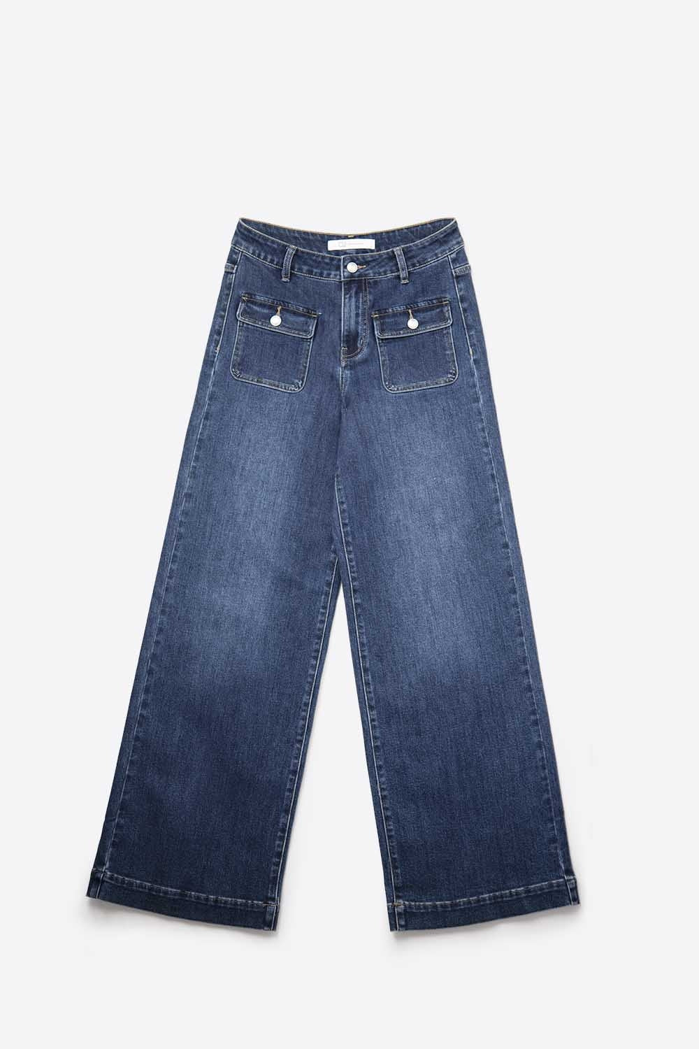 dark wash Blue Wide-Leg Denim Jeans with Button Detail