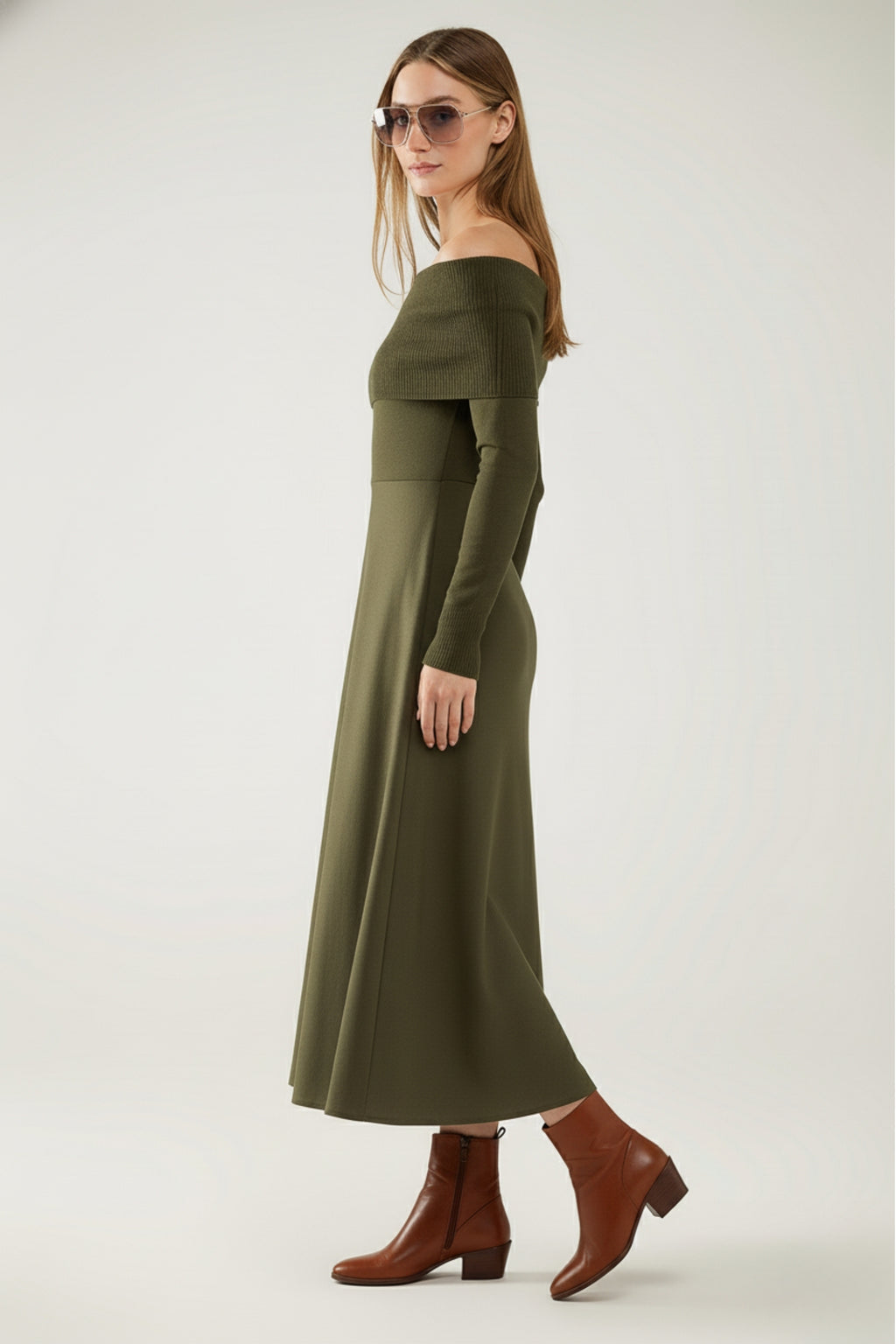 Maxi Knitted wide Bardot Dress in khaki