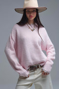 Long Oversized Pink Sweater With Lace Details at Cuffs and Neck