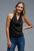 Black Satin Halter Top with Draped Neckline
