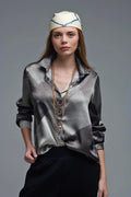 gray satin shirt with geometric print