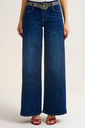 Wide Leg Denim Jeans with Rhinestone Detailing Front and Back