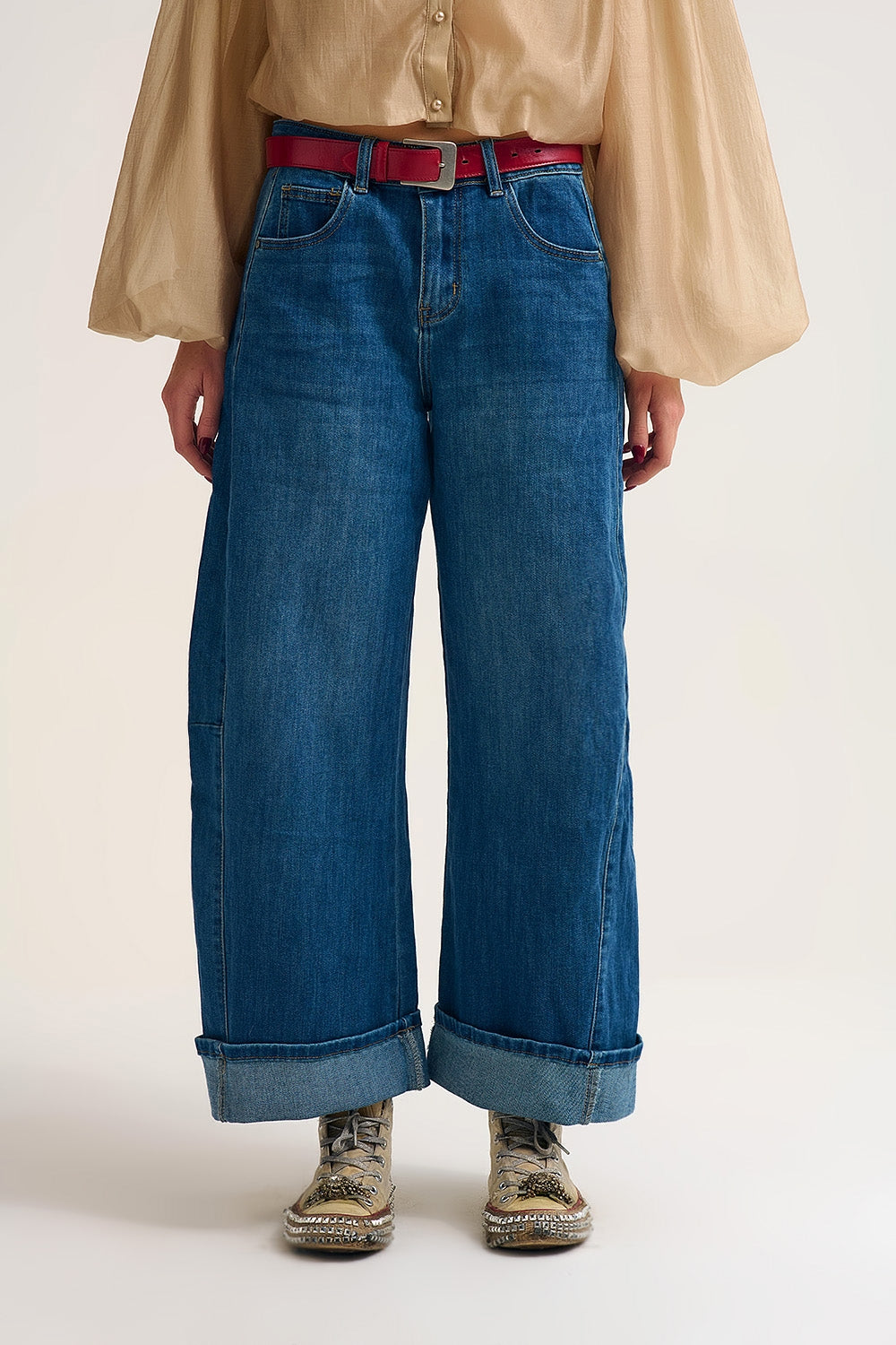 Barrel Style Denim Jeans in Medium Wash with Cuffed Hem