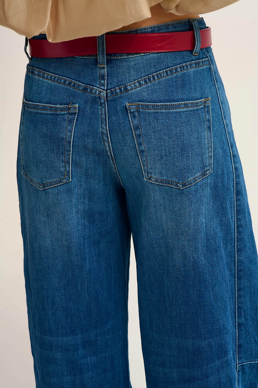 Barrel Style Denim Jeans in Medium Wash with Cuffed Hem