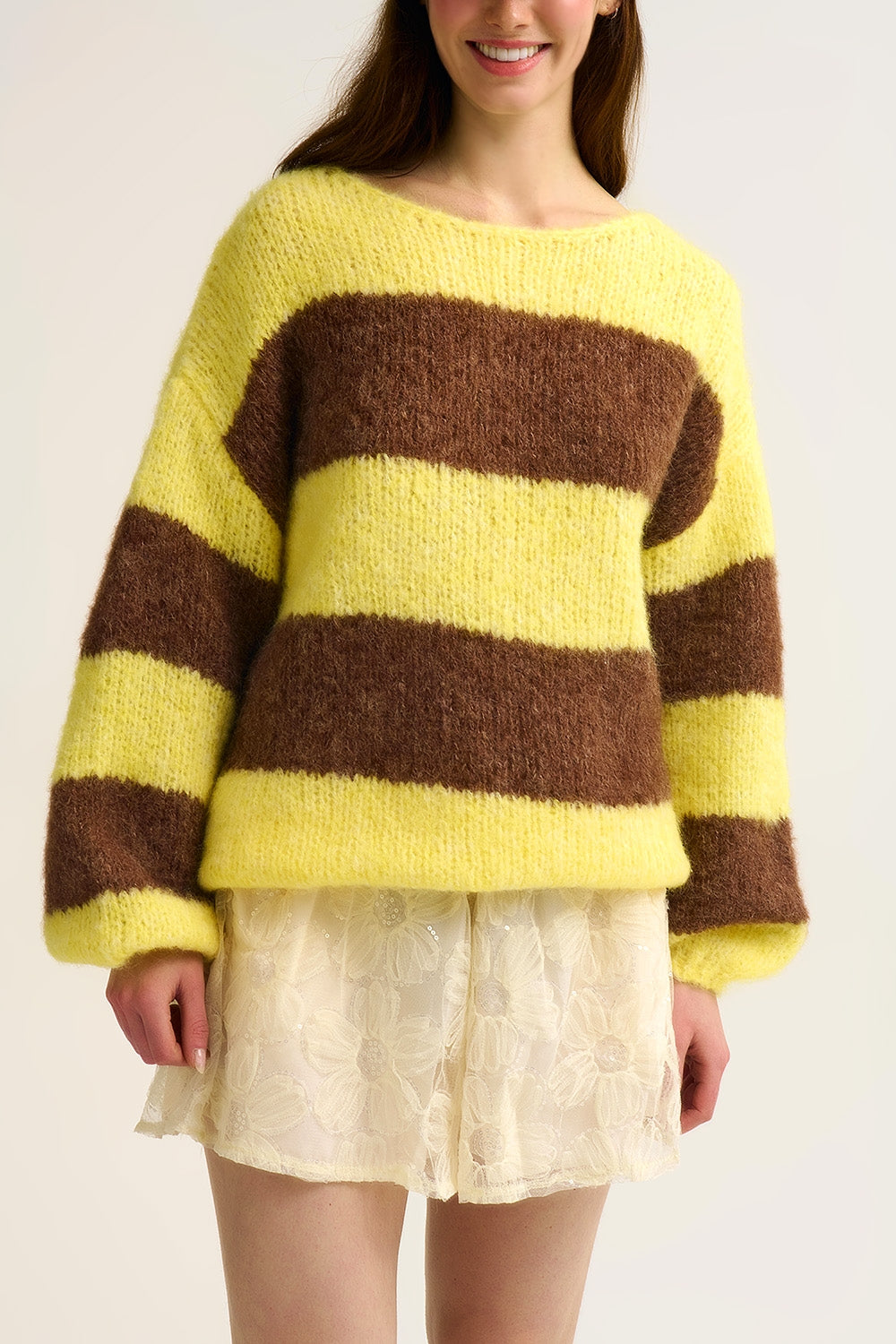 Yellow Fluffy Striped Knit Sweater with Balloon Sleeves