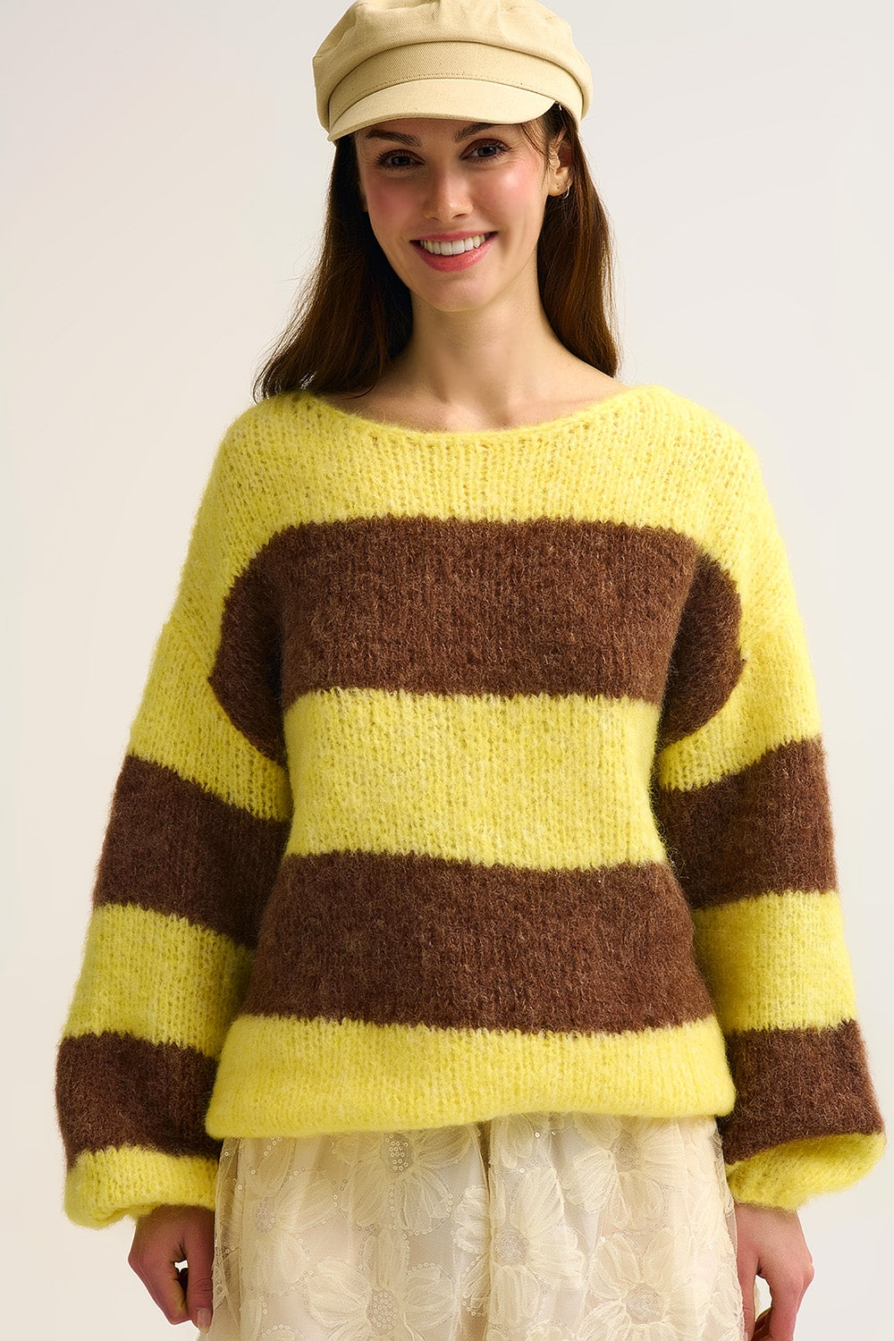 Yellow Fluffy Striped Knit Sweater with Balloon Sleeves