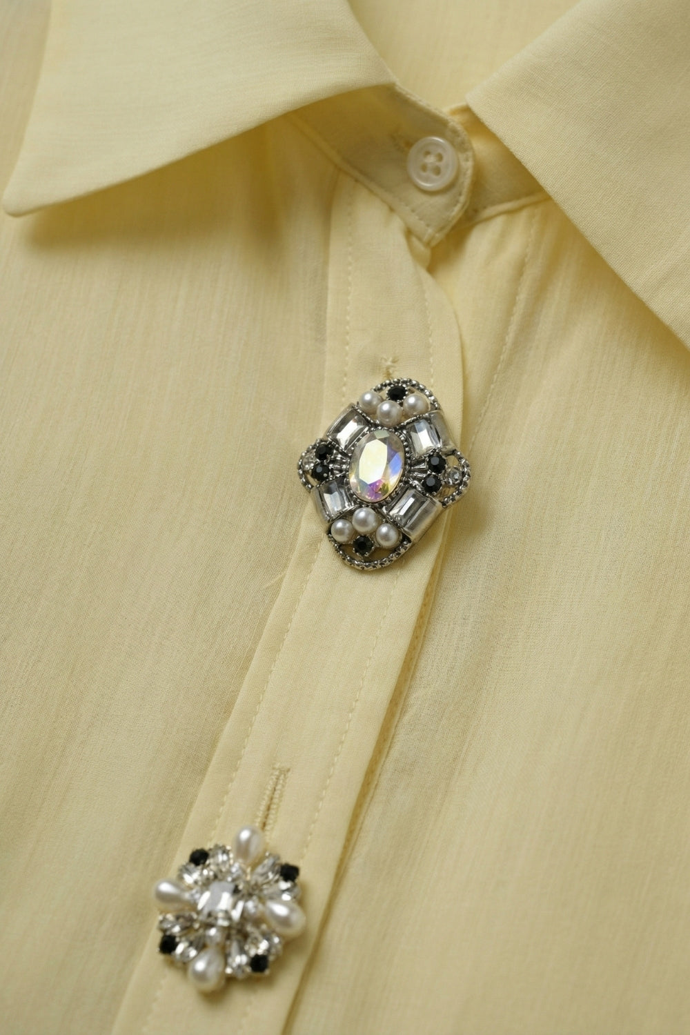 Butter Yellow Embellished Button-Down Blouse in tencel fabric
