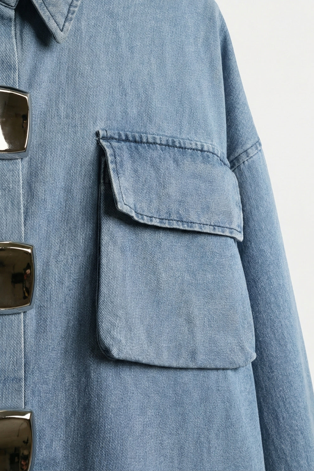 Light Wash Denim Short-Sleeve Shirt with big silver buttons