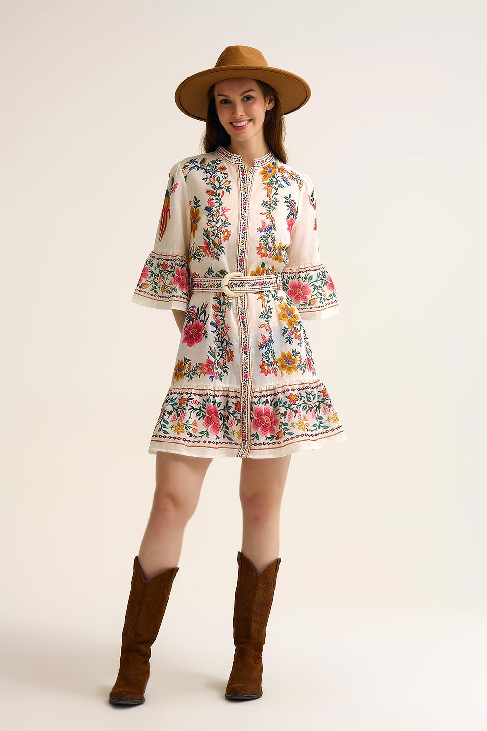 printed Floral Boho Mini Dress In white