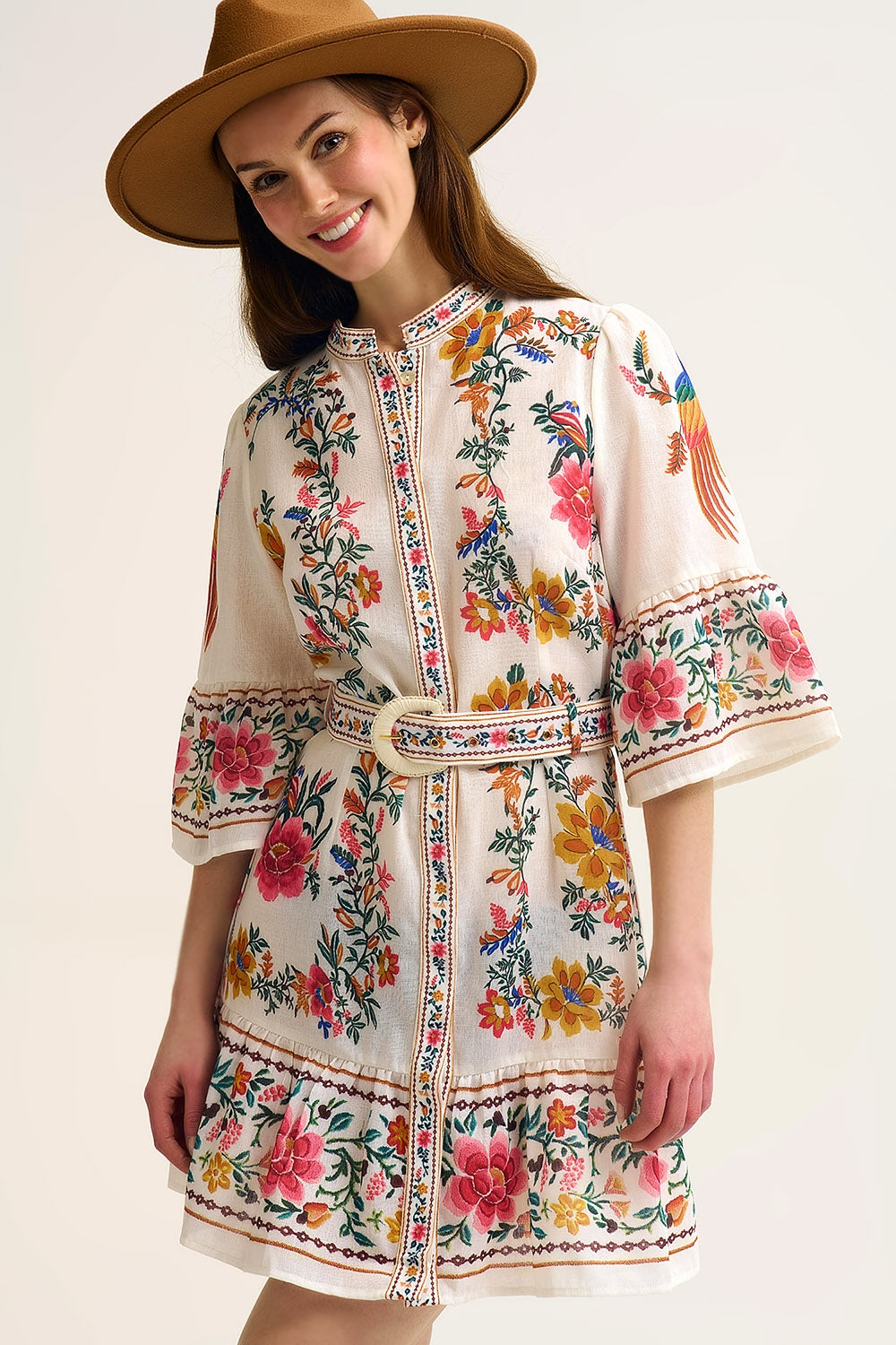 printed Floral Boho Mini Dress In white