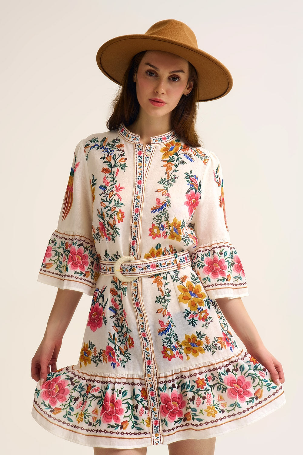 printed Floral Boho Mini Dress In white