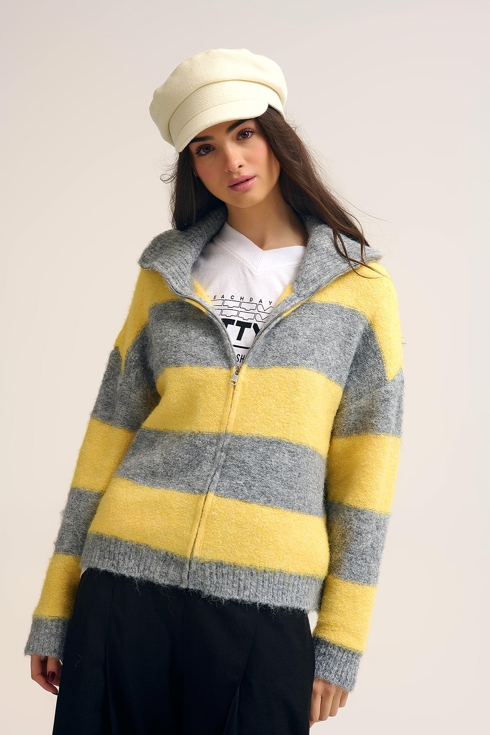 Yellow Fluffy Knitted Zip-Up Jacket with Gray Stripes
