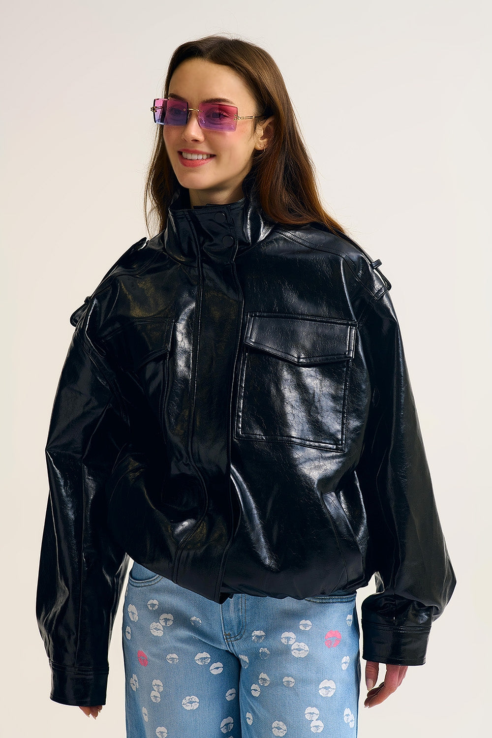 Shiny faux leather oversized Jacket in black