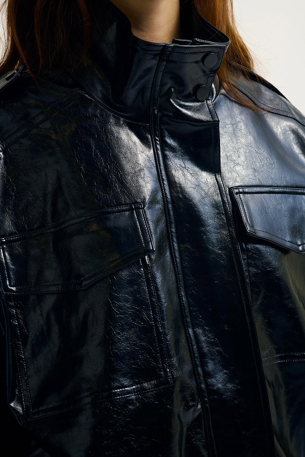 Shiny faux leather oversized Jacket in black