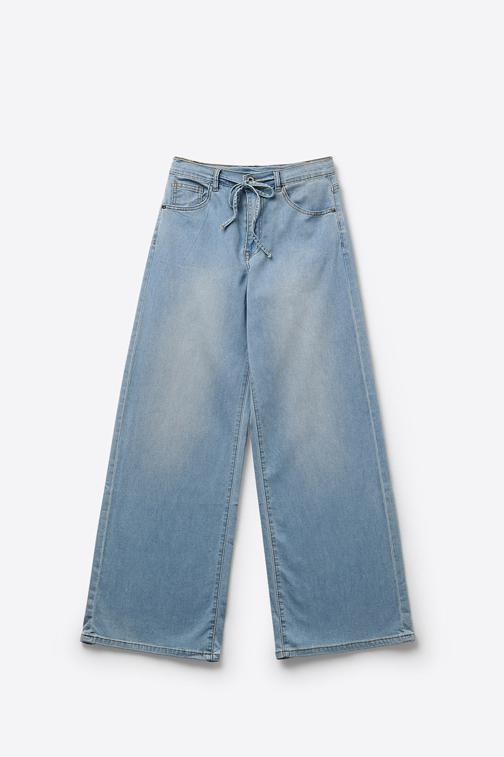 Light Blue Wide-Leg Denim Pants with Drawstring Waist