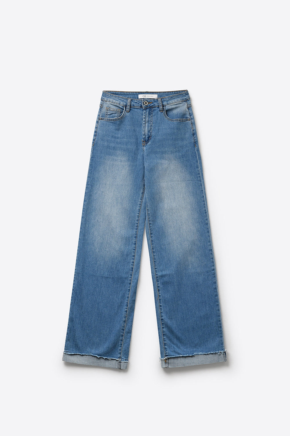 Light Blue Wide Leg Denim Jeans with Cuffed Hem