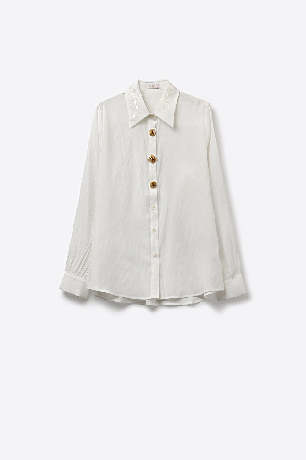 White Button-Front Shirt with Embroidered sequin Collar