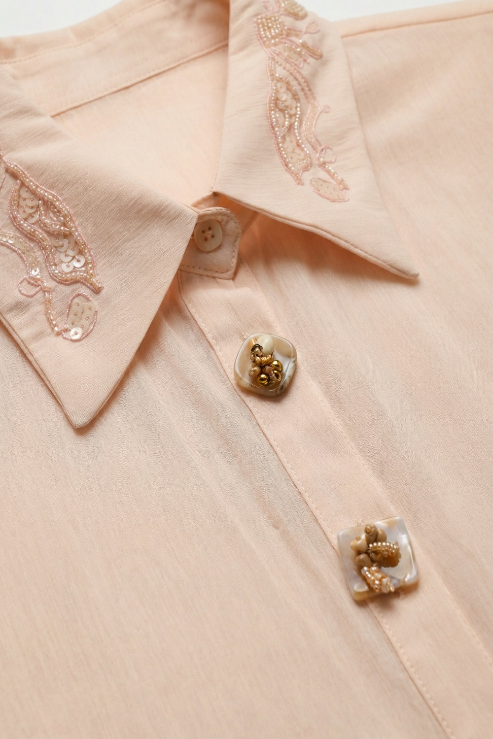 Pink Semi-Sheer Button-Up Shirt with Embroidered  sequin Collar