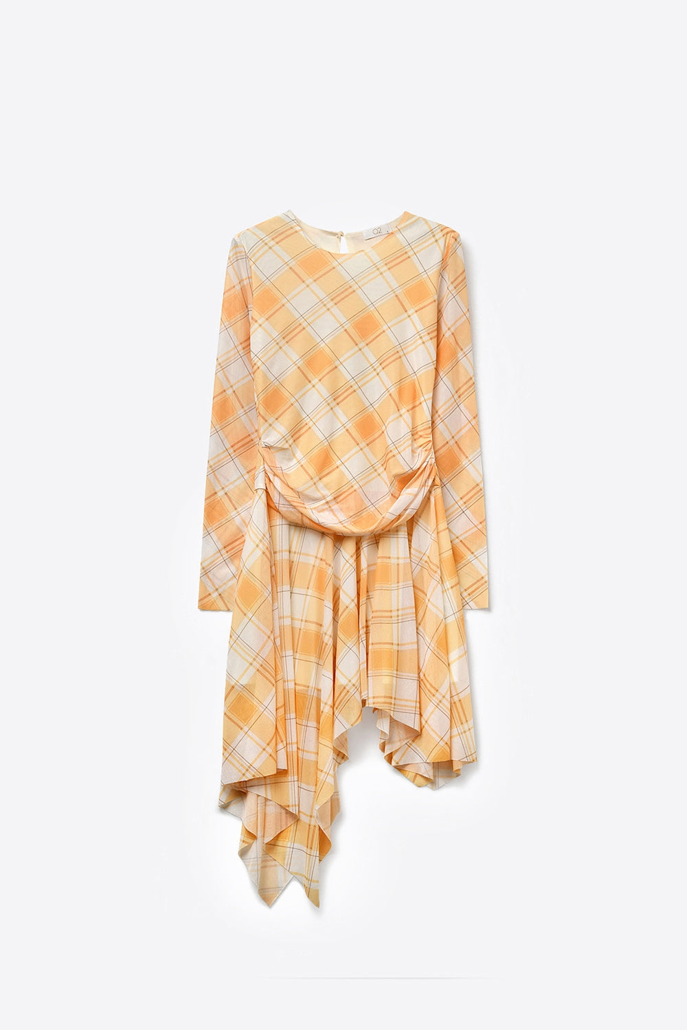 Mesh Fabric Plaid Long Sleeve Asymmetrical Dress in Orange