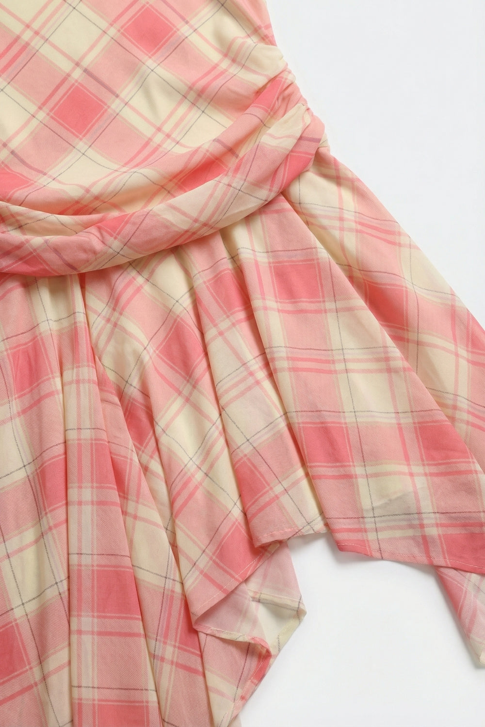 Mesh Fabric Plaid Long Sleeve Asymmetrical Dress in pink