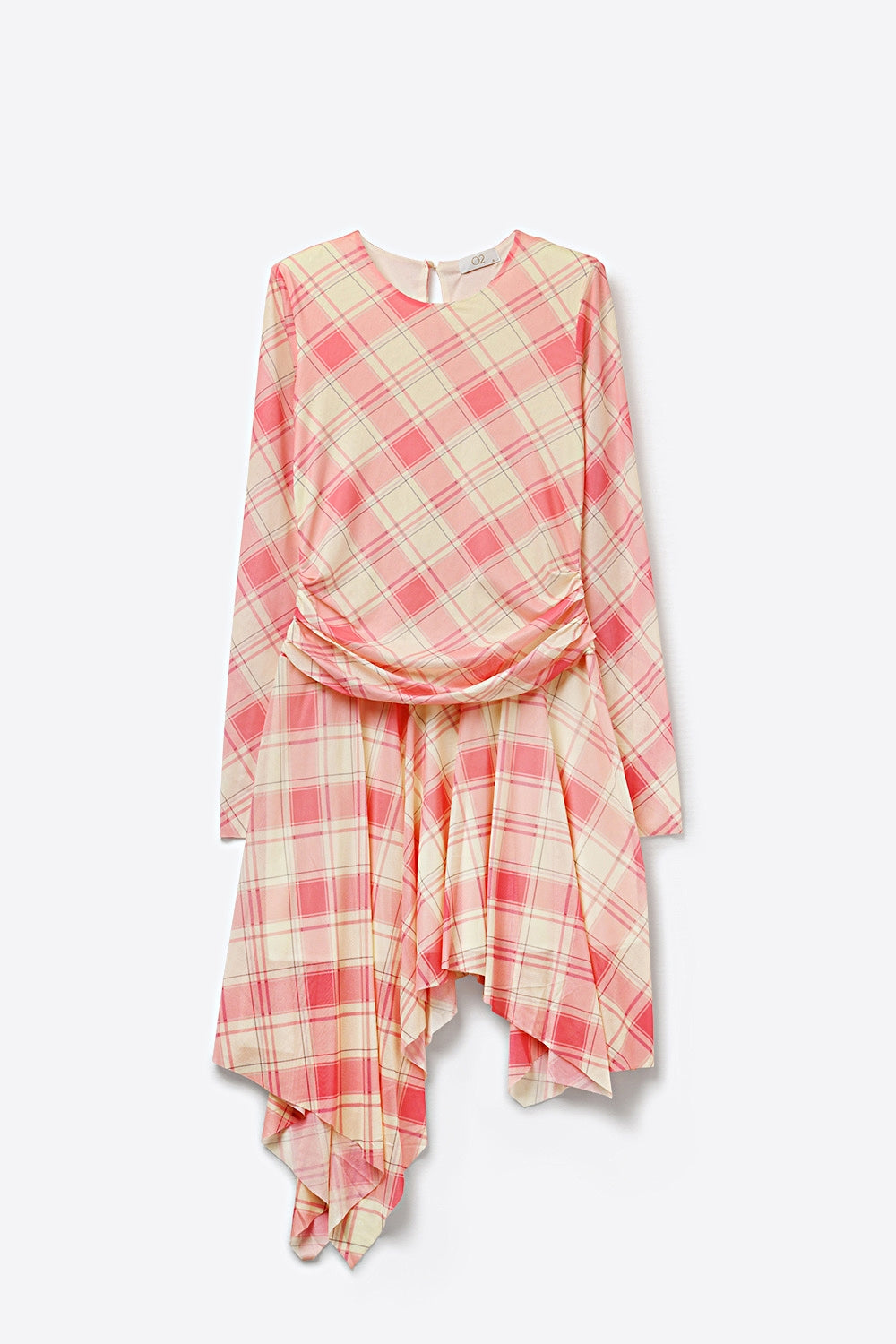 Mesh Fabric Plaid Long Sleeve Asymmetrical Dress in pink