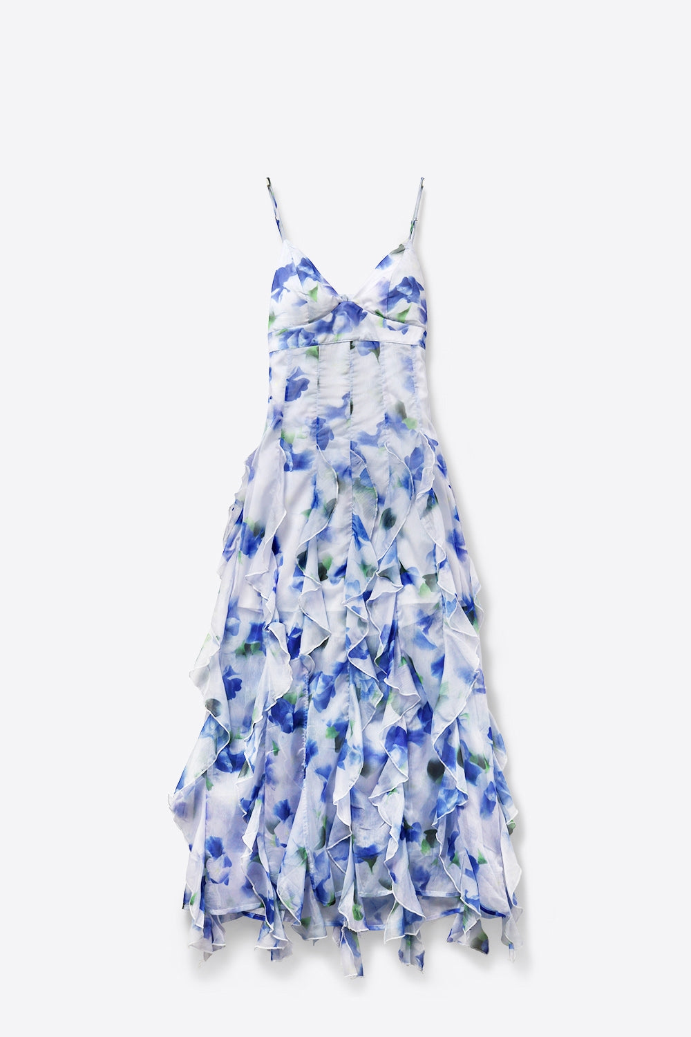 White and Blue Floral Maxi Prom Dress with Ruffles