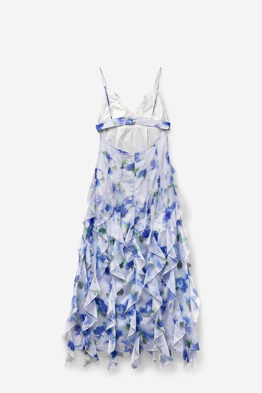 White and Blue Floral Maxi Prom Dress with Ruffles
