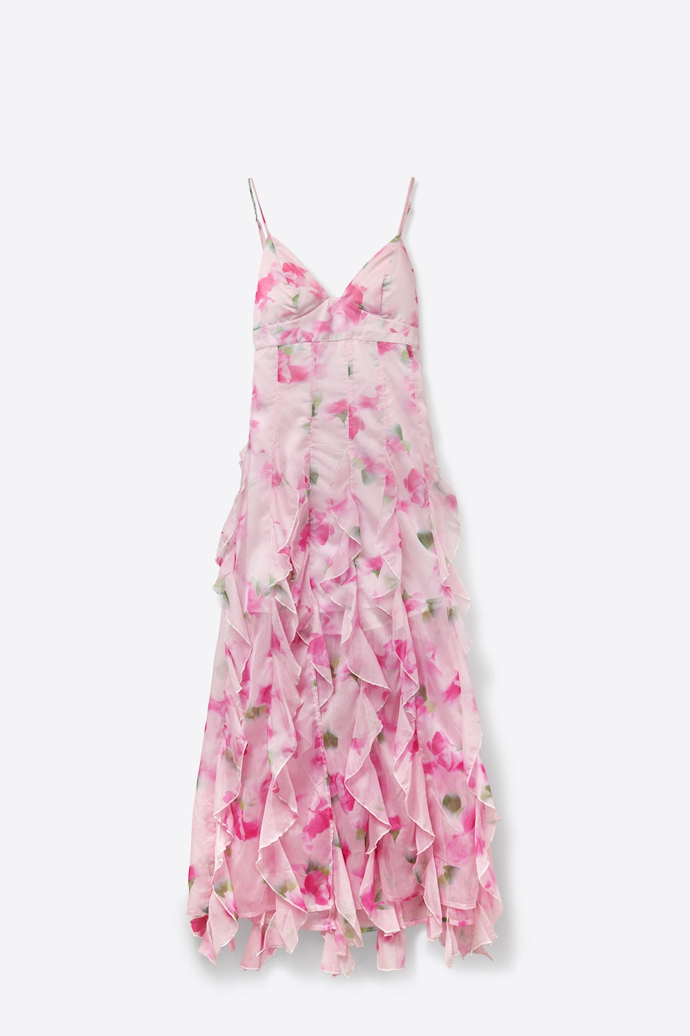 White and Pink Floral Maxi Prom Dress with Ruffles