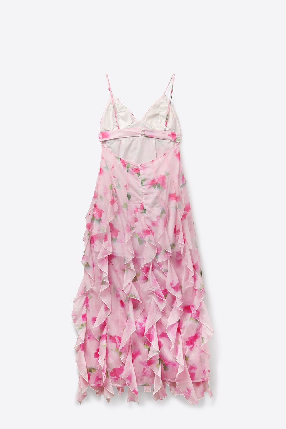 White and Pink Floral Maxi Prom Dress with Ruffles