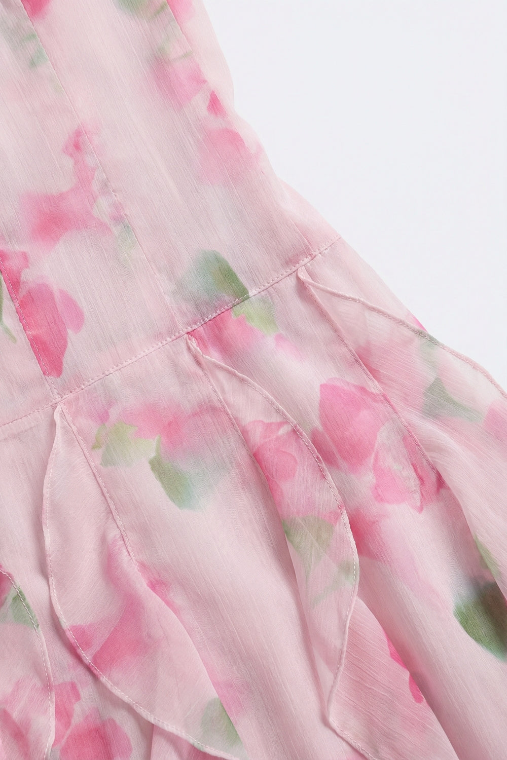 White and Pink Floral Maxi Prom Dress with Ruffles