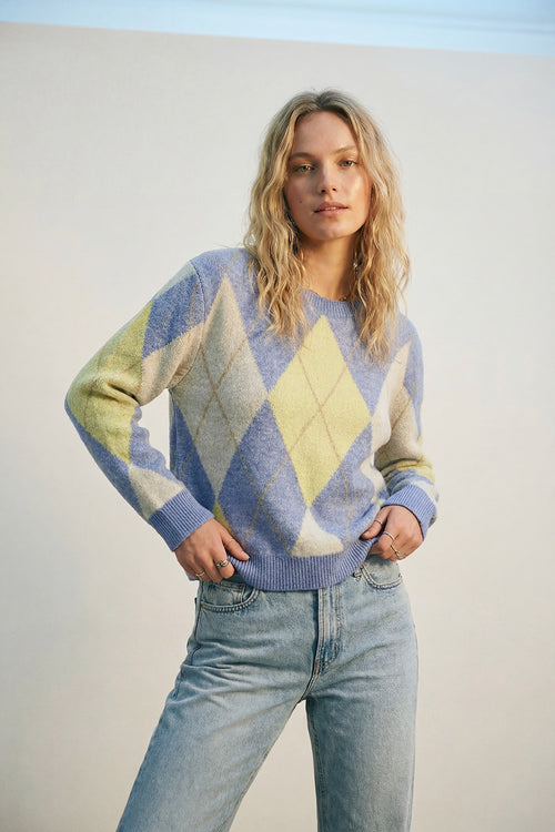Blue and yellow diamond patterned sweater in soft fluffy knit