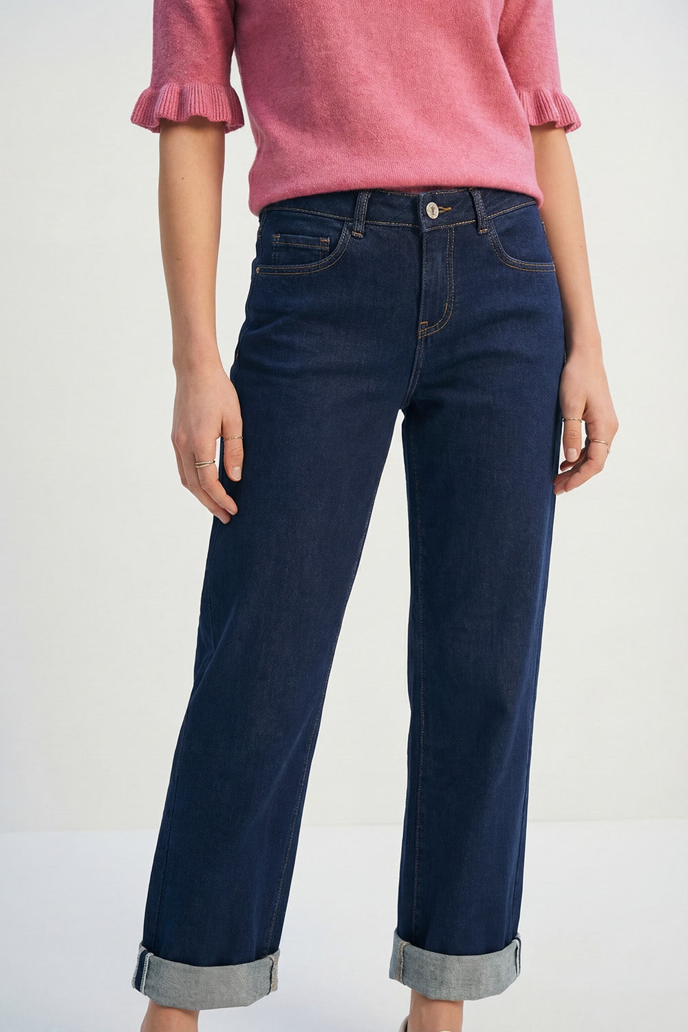 Dark Wash Wide-Leg Denim Jeans with Cuffed Hem
