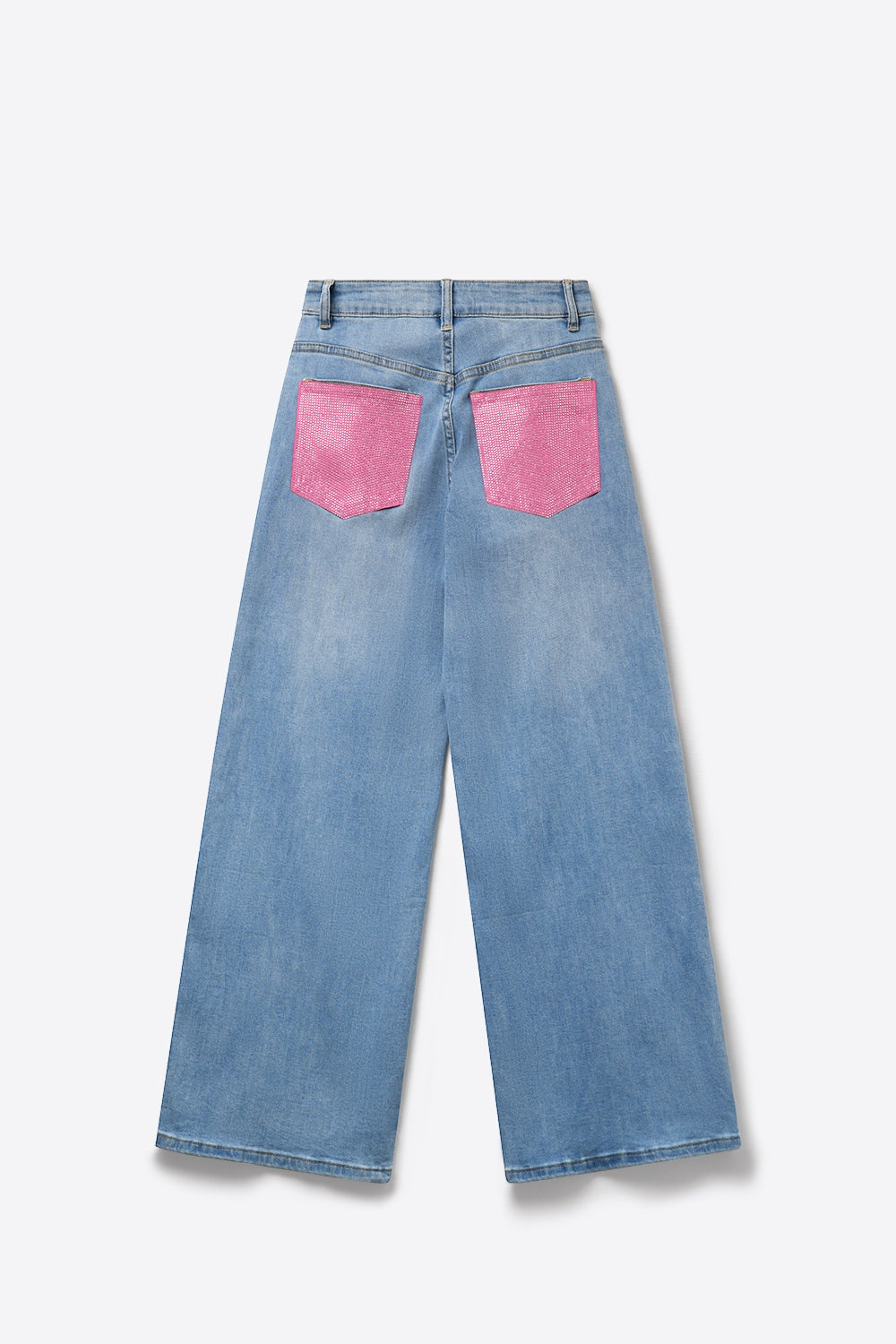 Light Blue Wide-Leg Denim Jeans with back pockets in strass pink